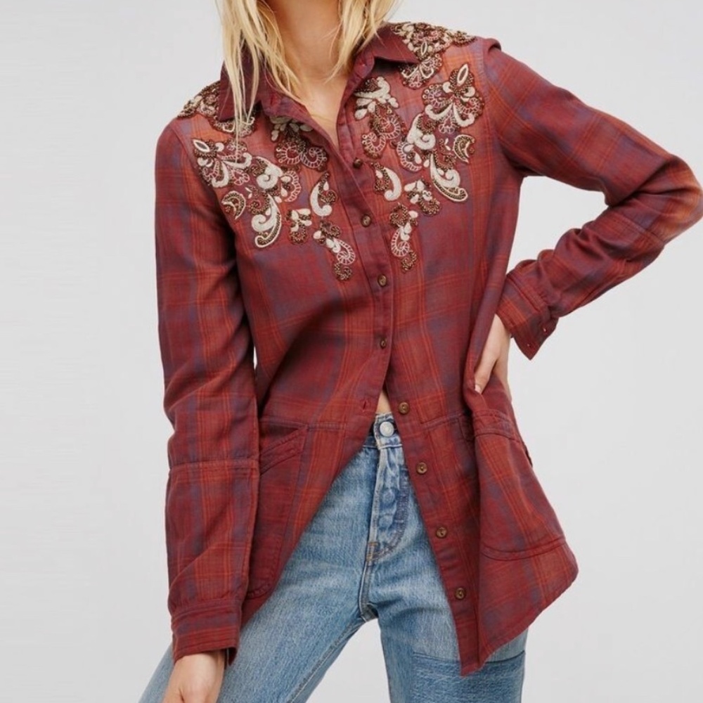 Free People Stevie's Embellished Plaid Shirt Tunic in red/burgundy size M